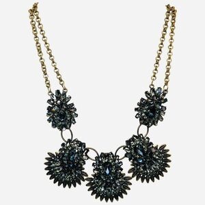 Vintage Women’s 2 Tier Gray Rhinestone Flower Brass Tone Statement Necklace 22”